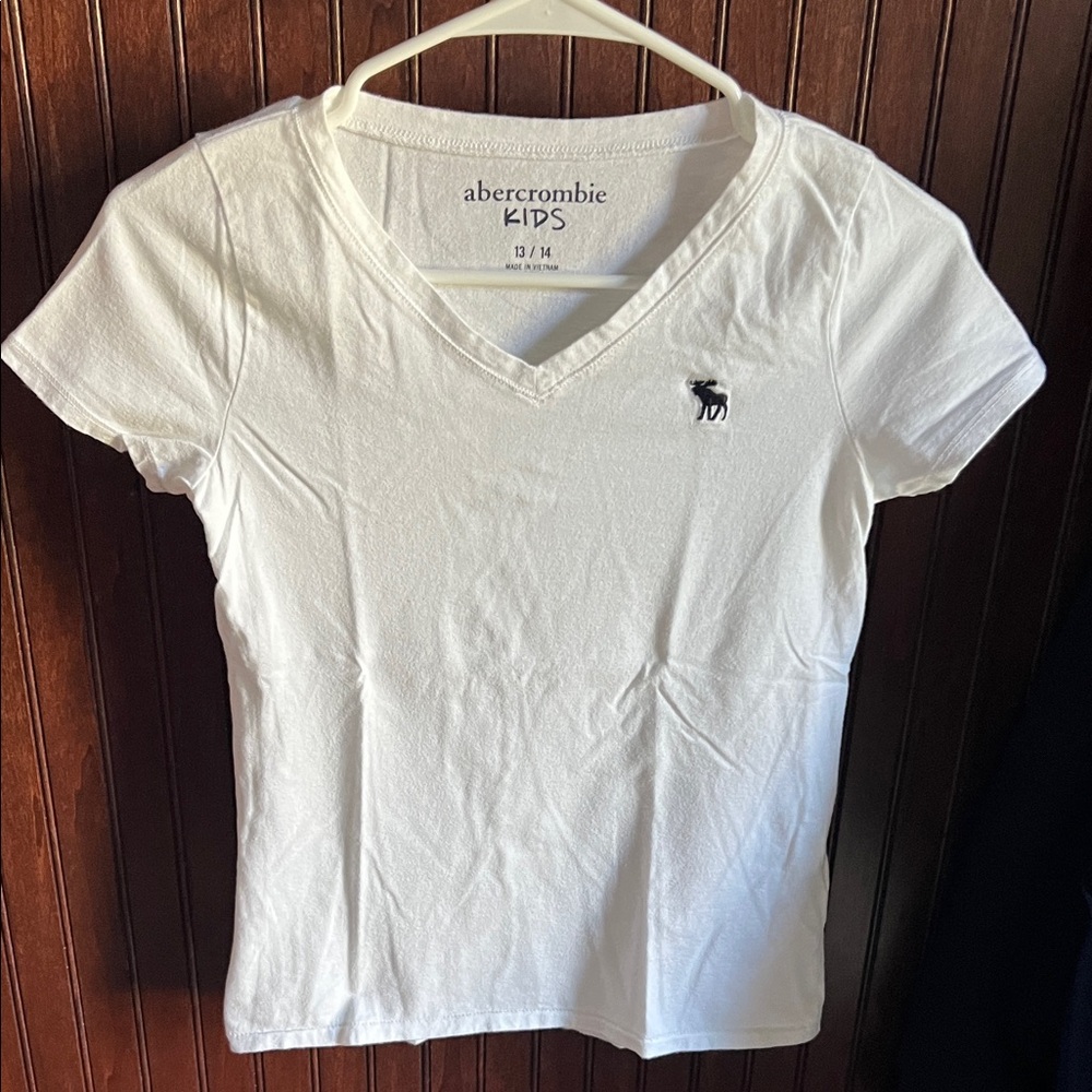 abercrombie kids White V-Neck Tee with Navy Logo Print